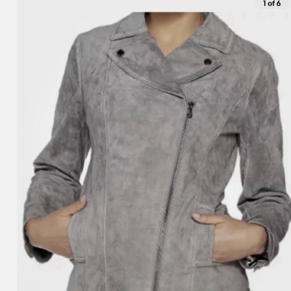 Isaac Mizrahi Women's Leather Motorcycle Jacket Suede Gray zip up~ 14 - Picture 1 of 12